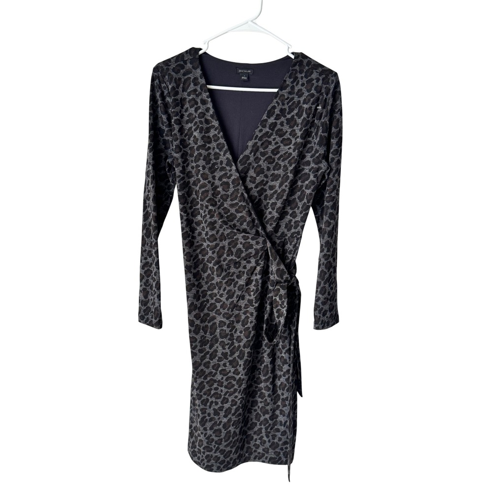 Ann Taylor Womens Grey Leopard Print Long Sleeve Faux Wrap Dress Size S
